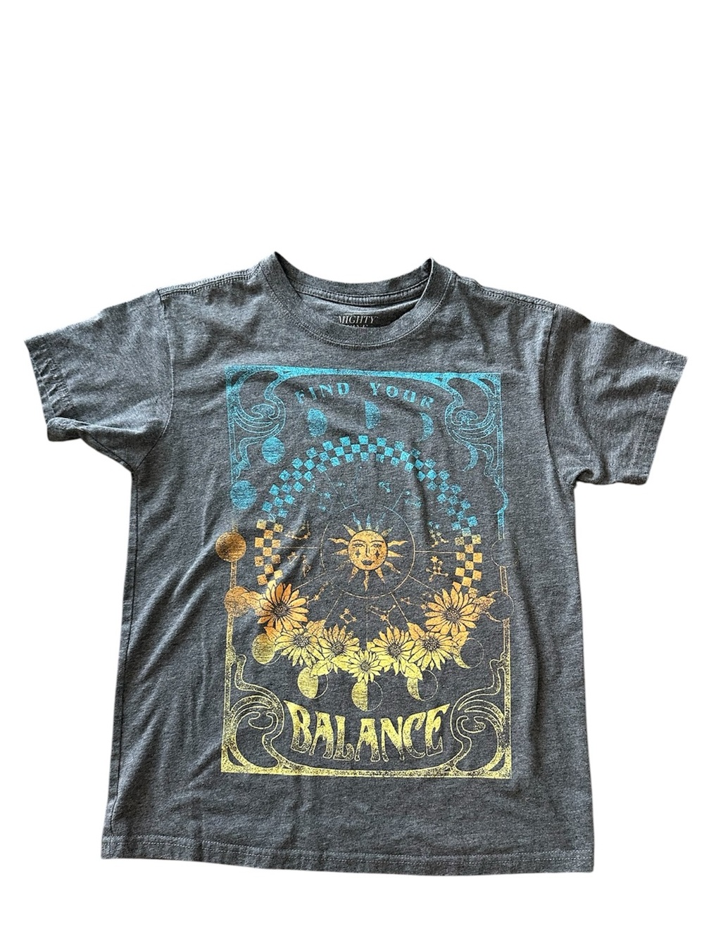 Small Mighty Fine balance sun trippy graphic hippie t shirt top grey y2k 90s